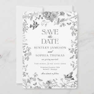 Black Toile De Jouy  Floral Save the Date Kaart