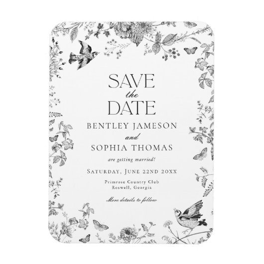Black Toile De Jouy  Floral Save the Date Magneet (Verticaal)