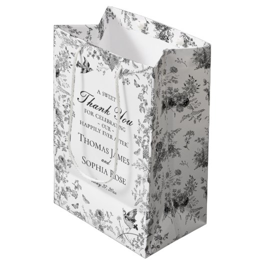 Black Toile De Jouy Floral Wedding Party Favors Medium Cadeauzakje (Voorkant Gekanteld)