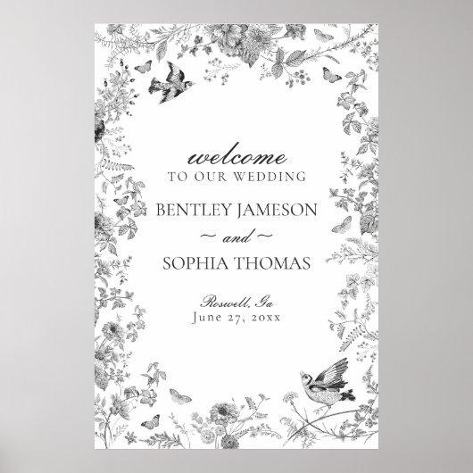 Black Toile De Jouy Floral Wedding Welcome Sign Poster (Voorkant)