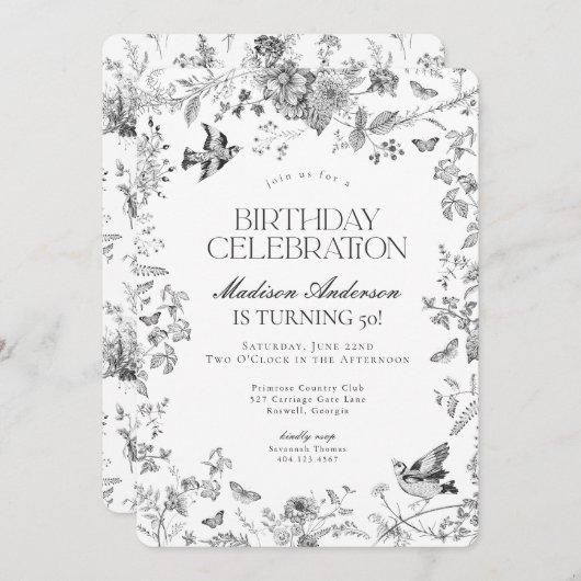 Black Toile De Jouy Franse Bloemen Verjaardagsfees Kaart (Voorkant / Achterkant)