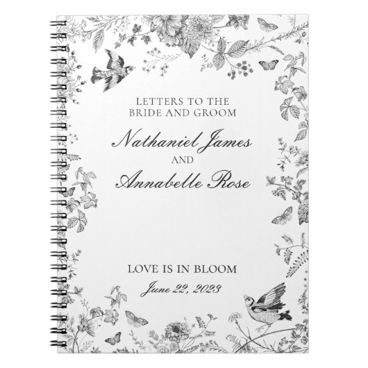 Black Toile De Jouy Wedding Letters Bride & Groom Notitieboek (Voorkant)