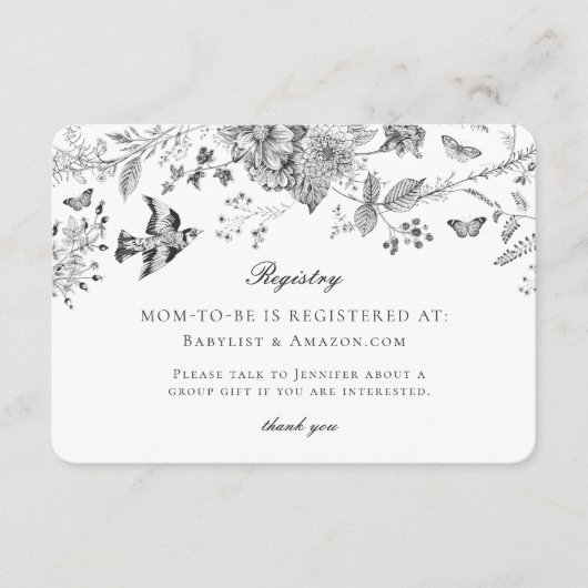 Black Toile Floral Baby Registry Card Insert Informatiekaartje (Voorkant)