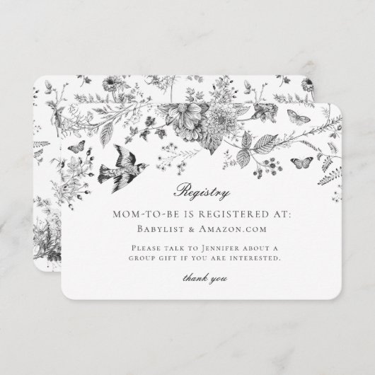 Black Toile Floral Baby Registry Card Insert Informatiekaartje (Voorkant / Achterkant)