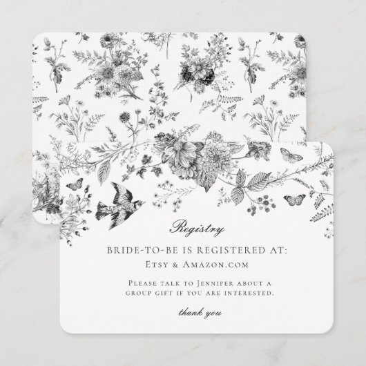 Black Toile Floral Bridal Registry Card Insert Informatiekaartje (Voorkant / Achterkant)