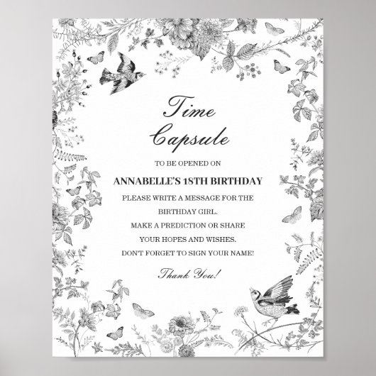 Black Toile Floral Time Capsule Baby Birthday Game Poster (Voorkant)