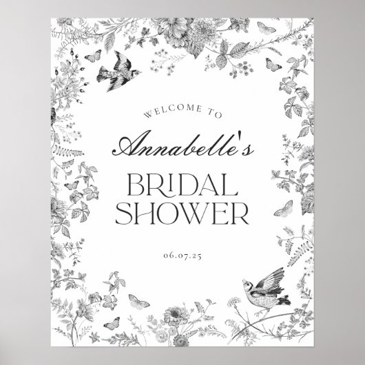Black Toile Jouy Floral Bridal Shower Welcome Sign Poster (Voorkant)