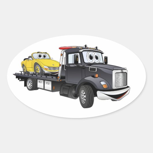 Black Tow Truck Flatbed Cartoon Ovale Sticker (Voorkant)