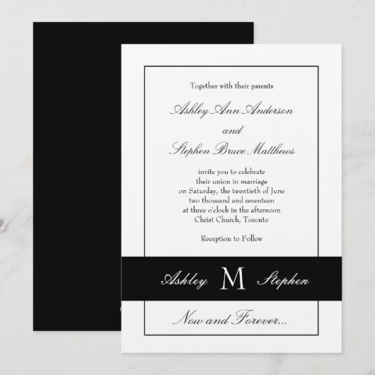 Black Traditional Wedding Invitation | Monogram Kaart (Voorkant / Achterkant)