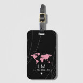 Black Travel bagagelabel met haar naam en wereldka (Voorkant (verticaal))