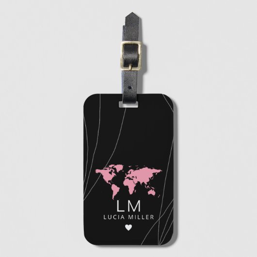 Black Travel bagagelabel met haar naam en wereldka (Voorkant (verticaal))