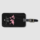 Black Travel bagagelabel met haar naam en wereldka (Voorkant (horizontaal))