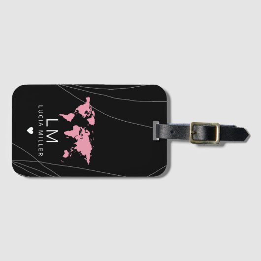 Black Travel bagagelabel met haar naam en wereldka (Voorkant (horizontaal))
