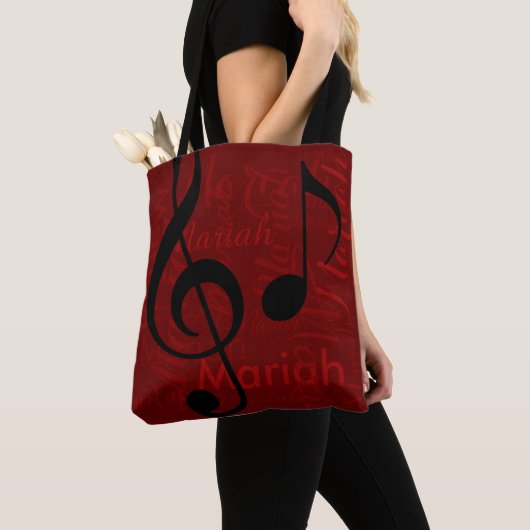 Black Treble Clef Music Monogram met naam rood Tote Bag (Dichtbij)