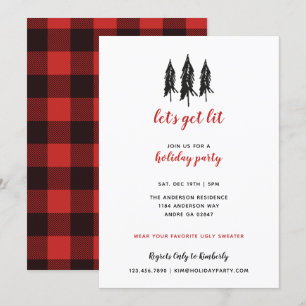 Black Tree Red Flannel Plaid Pattern Holiday Party Kaart