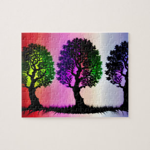 Black Tree Silhouetten met kleurrijke Sky Backdrop Legpuzzel