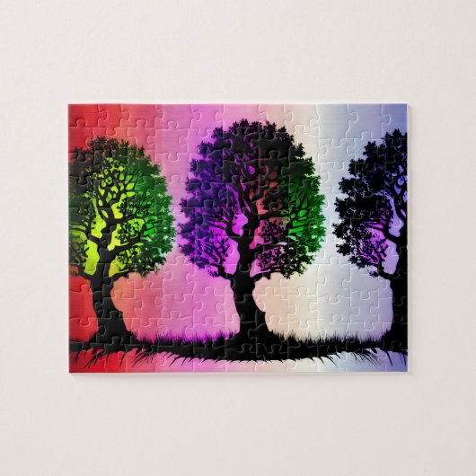 Black Tree Silhouetten met kleurrijke Sky Backdrop Legpuzzel (Horizontaal)