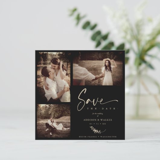 Black Trendy Branches Wedding Save Date 3 Photos (Staand voorkant)