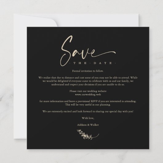 Black Trendy Branches Wedding Save Date 3 Photos (Achterkant)