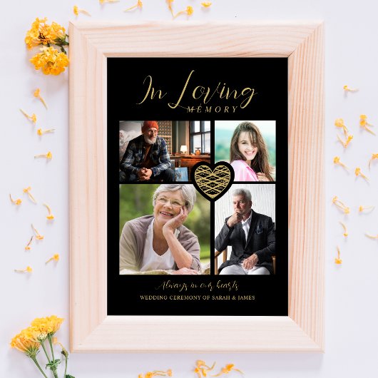 Black Trendy Collage 4 Photos Modern Heart Wedding Folie Afdrukken