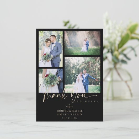 Black Trendy Collage Wedding 4 Foto's Bedankkaart (Staand voorkant)