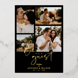 Black Trendy Collage Wedding 4 foto's Real Golden Folie Uitnodiging