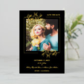 Black Trendy Modern Branches Gold Effect Photo Folie Uitnodiging (Staand Voorkant)