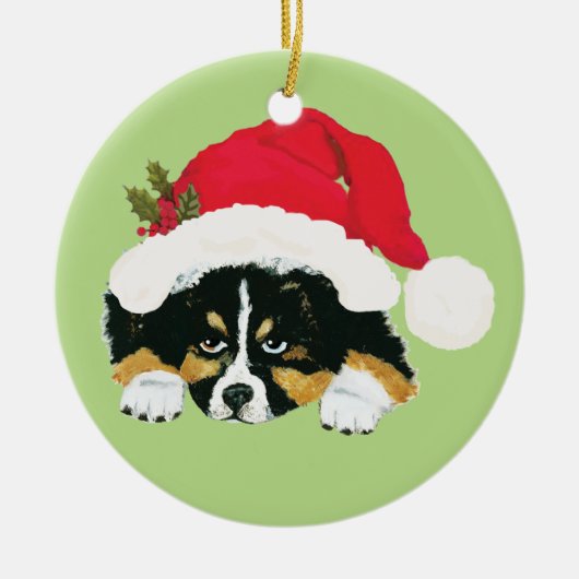 Black Tri Aussie-kerstpuppy Keramisch Ornament (Voorkant)