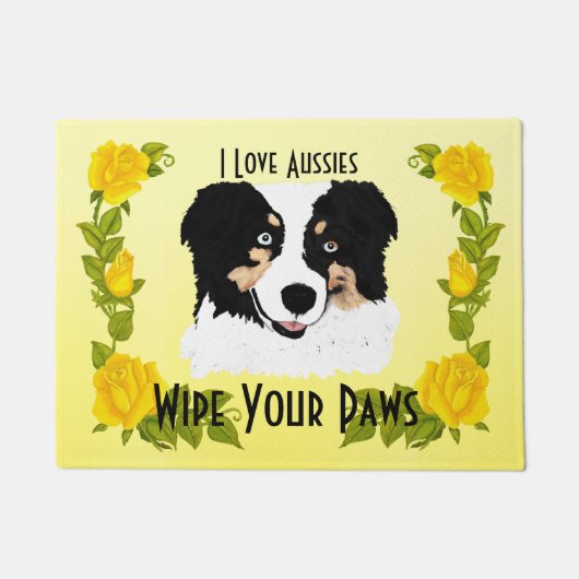 Black Tri Aussie & Yellow Roses Doormat Deurmat (Voorkant)