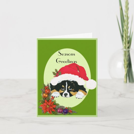 Black Tri Christmas Puppy in a Santa Hat Note Card Feestdagen Kaart (Voorkant)