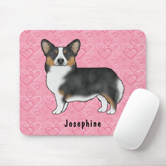 Black Tri Pembroke Welsh Corgi Hearts met naam Muismat (Met muis)