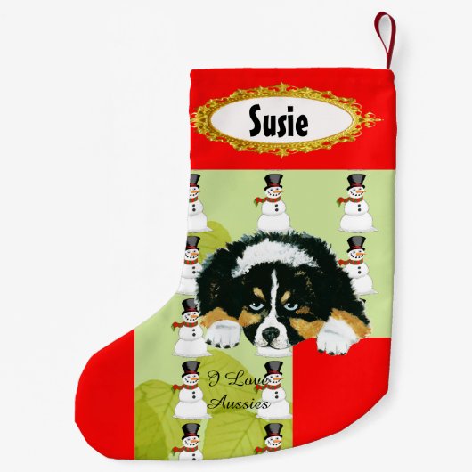 Black Tri Puppy w/Snowman Stocking Kleine Kerstsok (Achterkant)