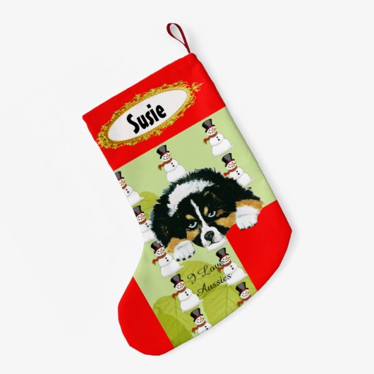 Black Tri Puppy w/Snowman Stocking Kleine Kerstsok (Achterkant (Hangend))