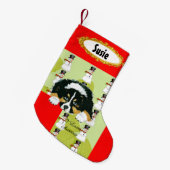 Black Tri Puppy w/Snowman Stocking Kleine Kerstsok (Voorkant (Hangend))