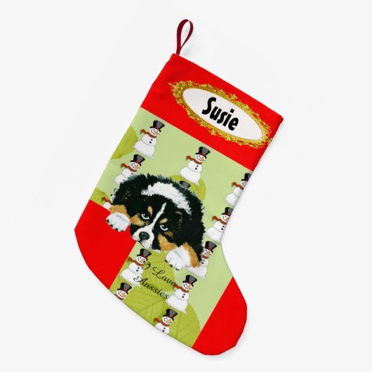 Black Tri Puppy w/Snowman Stocking Kleine Kerstsok (Voorkant (Hangend))