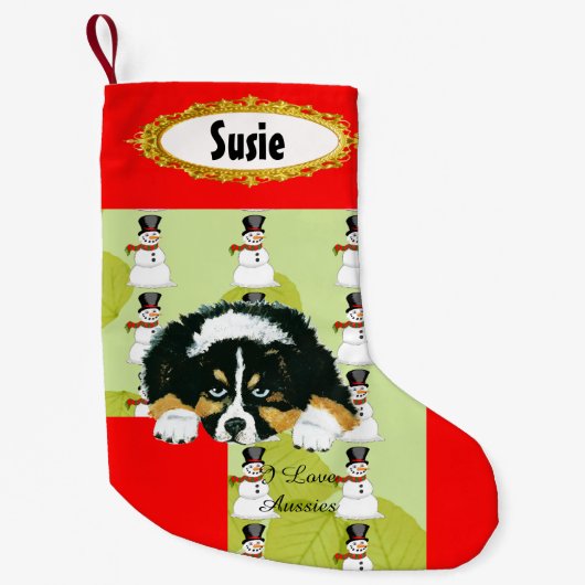 Black Tri Puppy w/Snowman Stocking Kleine Kerstsok (Voorkant)