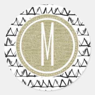 Black Triangles Gold Glitter Monogram Ronde Sticker