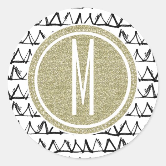 Black Triangles Gold Glitter Monogram Ronde Sticker (Voorkant)