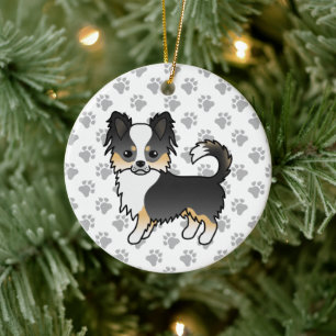 Black Tricolor Long Coat Chihuahua Dog & Paws Keramisch Ornament