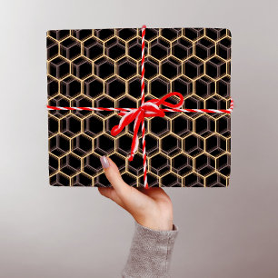 Black Trippy Honeycomb Hexagon Pattern Cool Dark Cadeaupapier
