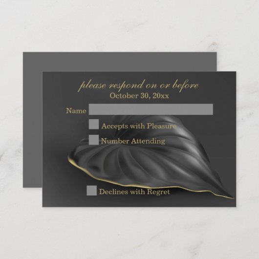 Black Tropical Leaf Gold Trim RSVP (Voorkant / Achterkant)