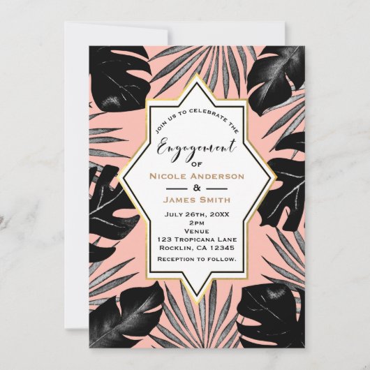 Black Tropical Leaves Coral Peach Gold Verloving Kaart (Voorkant)