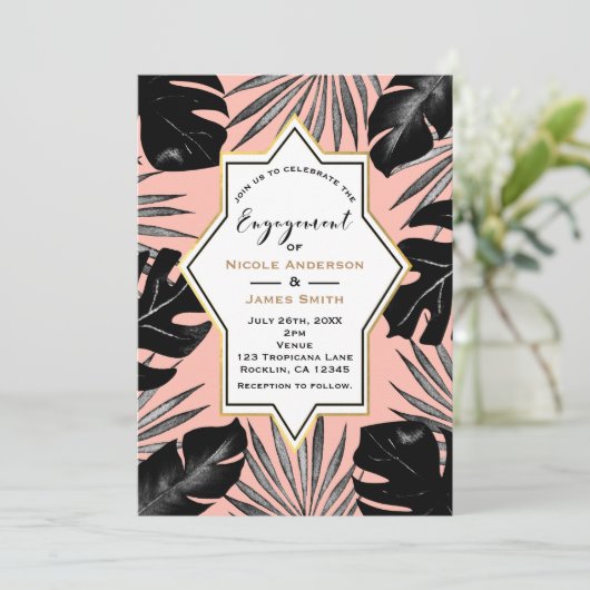 Black Tropical Leaves Coral Peach Gold Verloving Kaart (Staand voorkant)