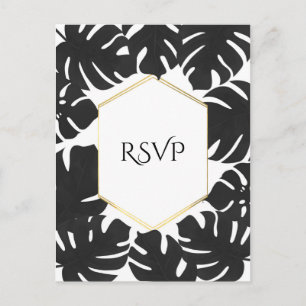 Black Tropical Leaves White & Gold Wedding RSVP Uitnodiging Briefkaart