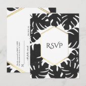 Black Tropical Leaves White & Gold Wedding RSVP Uitnodiging Briefkaart (Voorkant / Achterkant)