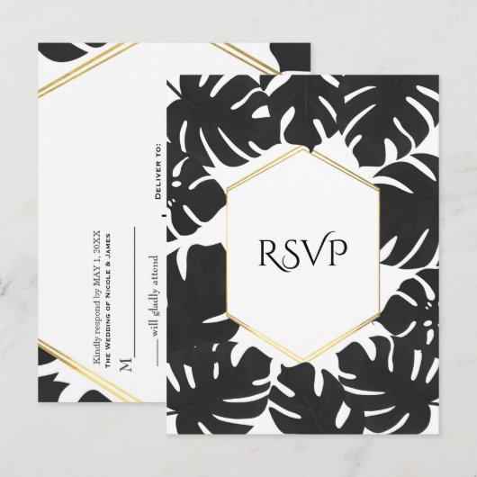 Black Tropical Leaves White & Gold Wedding RSVP Uitnodiging Briefkaart (Voorkant / Achterkant)