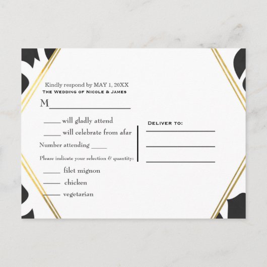 Black Tropical Leaves White & Gold Wedding RSVP Uitnodiging Briefkaart (Achterkant)