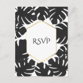 Black Tropical Leaves White & Gold Wedding RSVP Uitnodiging Briefkaart (Voorkant)