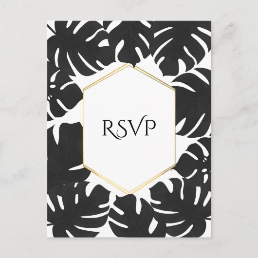 Black Tropical Leaves White & Gold Wedding RSVP Uitnodiging Briefkaart (Voorkant)