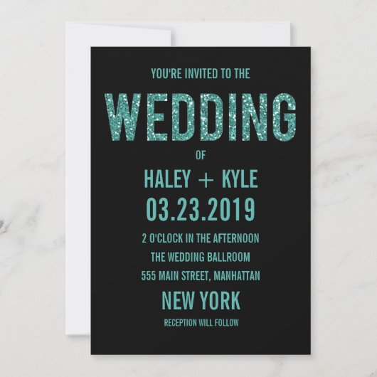 Black & Turquois Glitter Typography Wedding Invite Kaart (Voorkant)